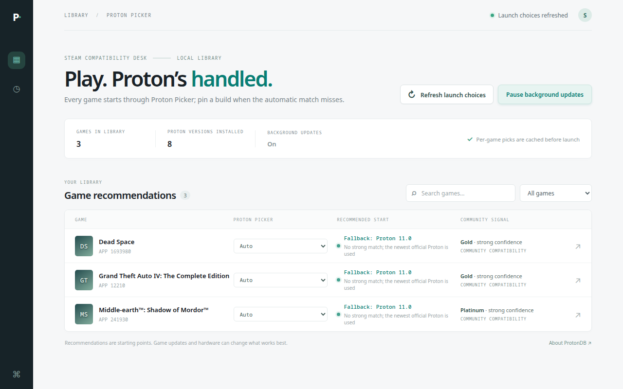 Proton Picker dashboard showing Steam games, current Proton selection, and pin controls