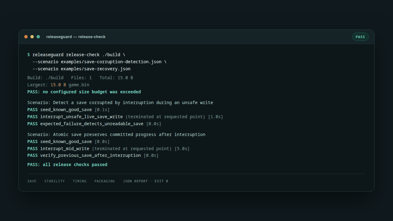 ReleaseGuard release-check output with pass/fail checks and a summary